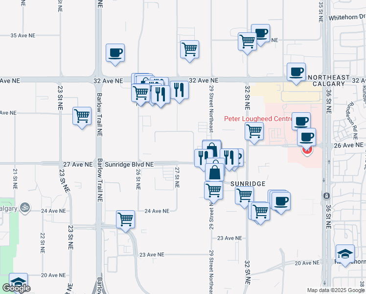 map of restaurants, bars, coffee shops, grocery stores, and more near 2850 Sunridge Boulevard Northeast in Calgary