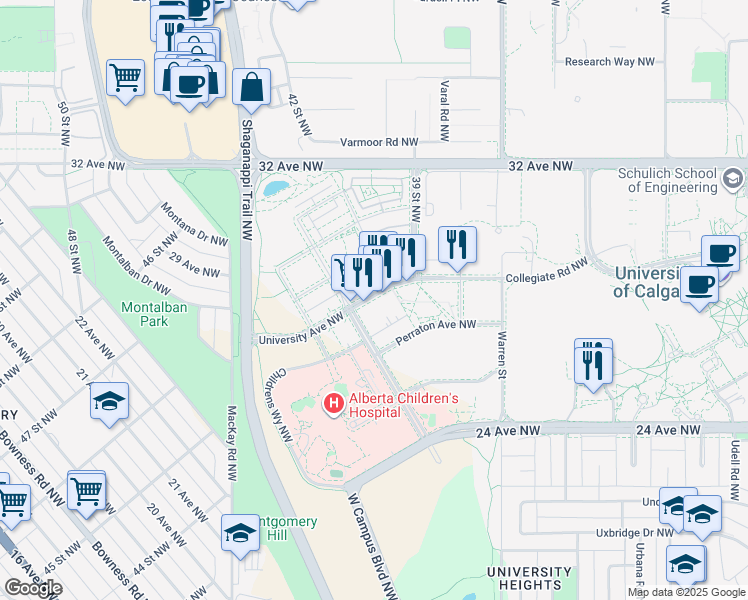 map of restaurants, bars, coffee shops, grocery stores, and more near in Calgary