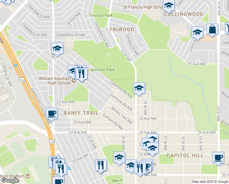 map of restaurants, bars, coffee shops, grocery stores, and more near 2004 26 Avenue Northwest in Calgary