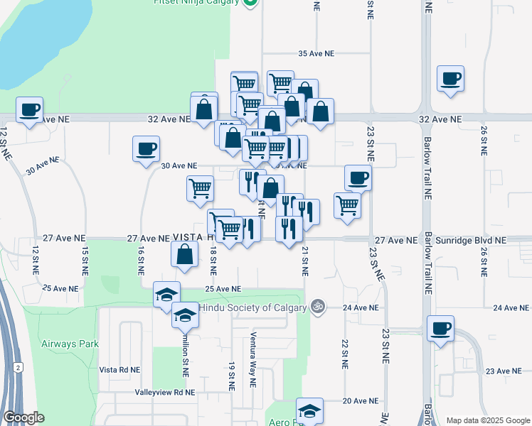 map of restaurants, bars, coffee shops, grocery stores, and more near 2836 19 Street Northeast in Calgary