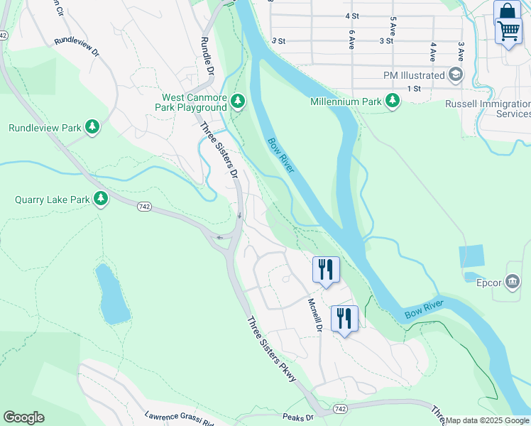 map of restaurants, bars, coffee shops, grocery stores, and more near 209 Prospect Heights in Canmore
