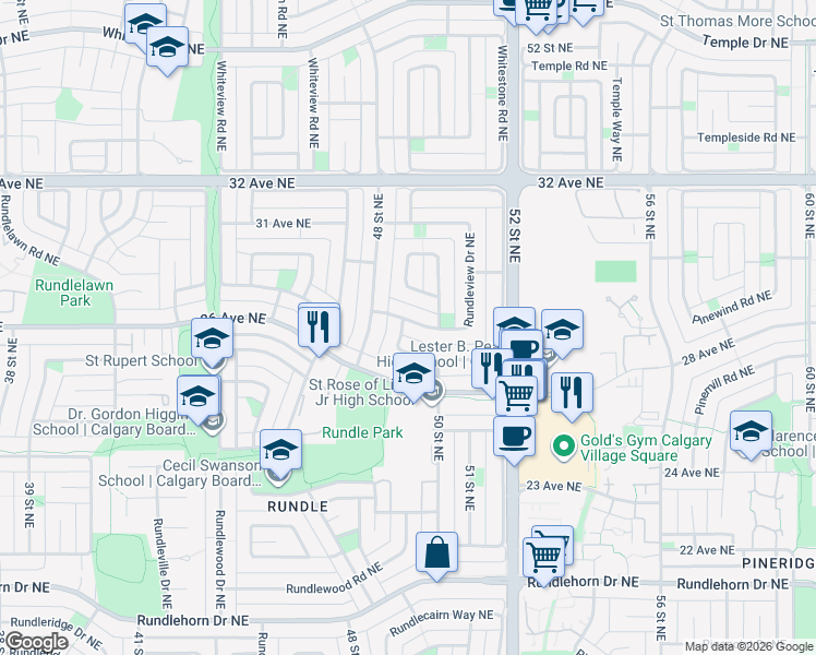 map of restaurants, bars, coffee shops, grocery stores, and more near 115 Rundleview Drive Northeast in Calgary