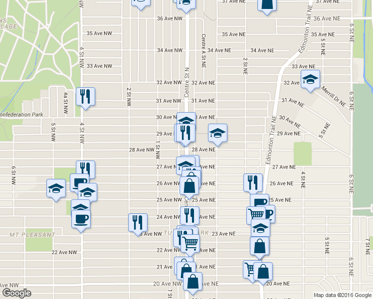 map of restaurants, bars, coffee shops, grocery stores, and more near 2903 Centre Street North in Calgary