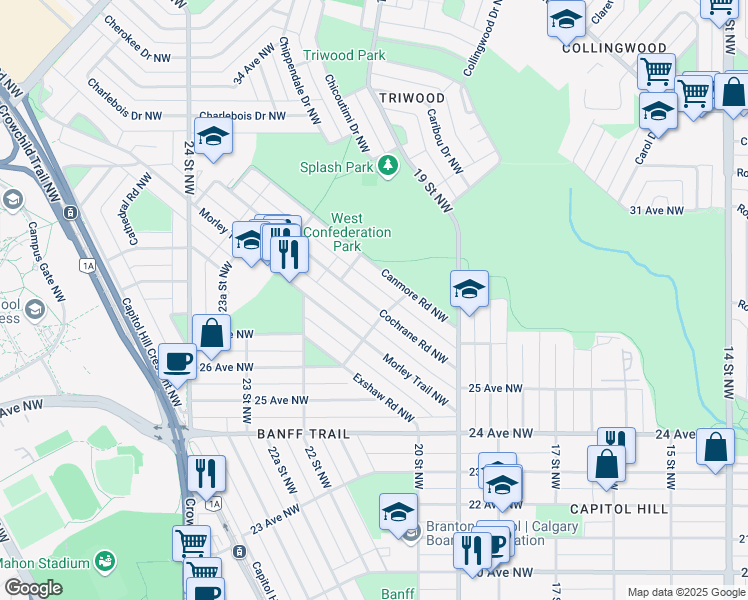map of restaurants, bars, coffee shops, grocery stores, and more near 2712 Cochrane Road Northwest in Calgary