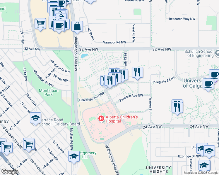 map of restaurants, bars, coffee shops, grocery stores, and more near in Calgary