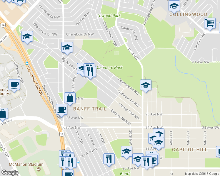 map of restaurants, bars, coffee shops, grocery stores, and more near 2727 Cochrane Road Northwest in Calgary