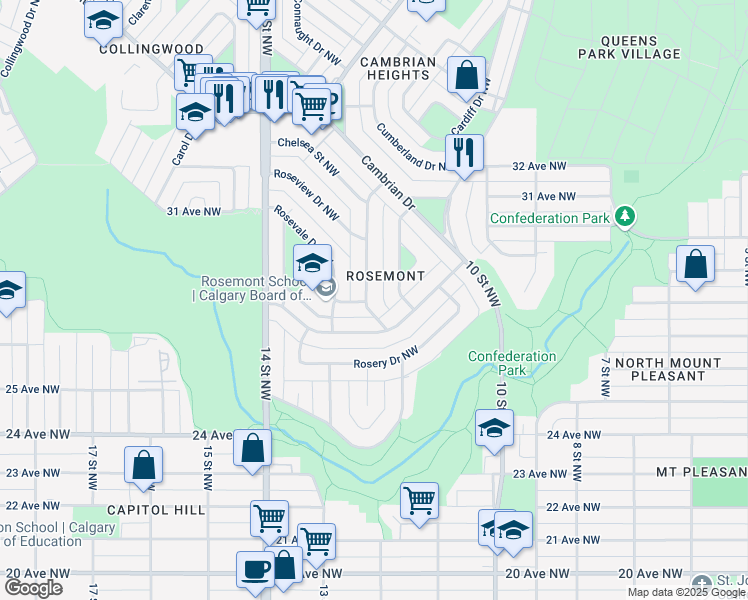 map of restaurants, bars, coffee shops, grocery stores, and more near 82 Rosewood Road Northwest in Calgary