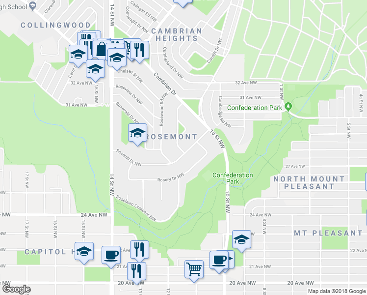 map of restaurants, bars, coffee shops, grocery stores, and more near 4 Rosetree Road Northwest in Calgary