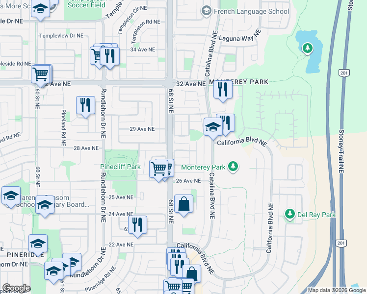 map of restaurants, bars, coffee shops, grocery stores, and more near 62 Pasadena Gardens Northeast in Calgary