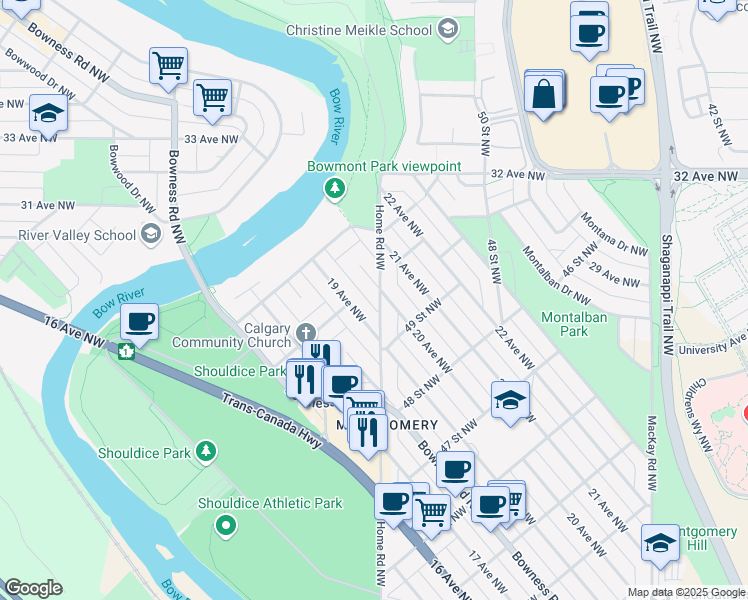 map of restaurants, bars, coffee shops, grocery stores, and more near 2003 Home Road Northwest in Calgary