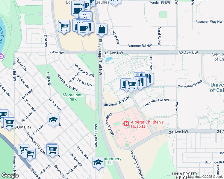 map of restaurants, bars, coffee shops, grocery stores, and more near 4410 University Avenue Northwest in Calgary