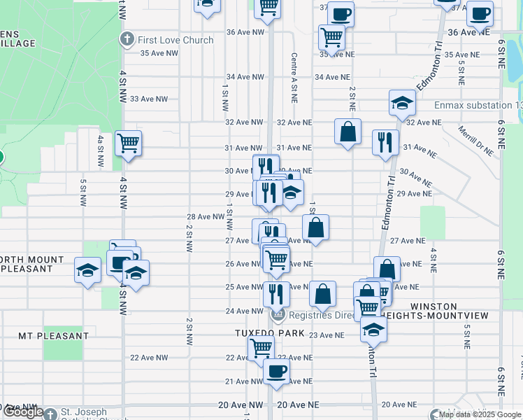 map of restaurants, bars, coffee shops, grocery stores, and more near 2903 Centre Street North in Calgary