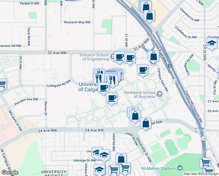 map of restaurants, bars, coffee shops, grocery stores, and more near 2500 University Drive Northwest in Calgary