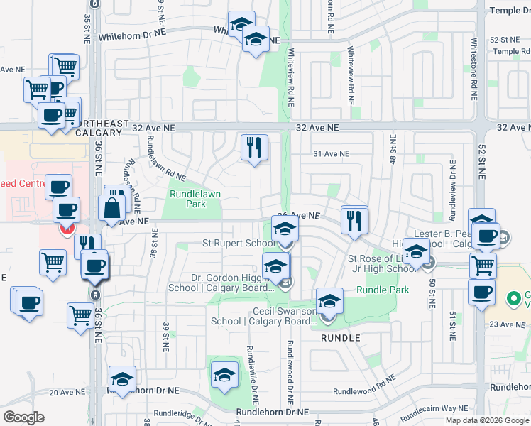 map of restaurants, bars, coffee shops, grocery stores, and more near 4504 26 Avenue Northeast in Calgary