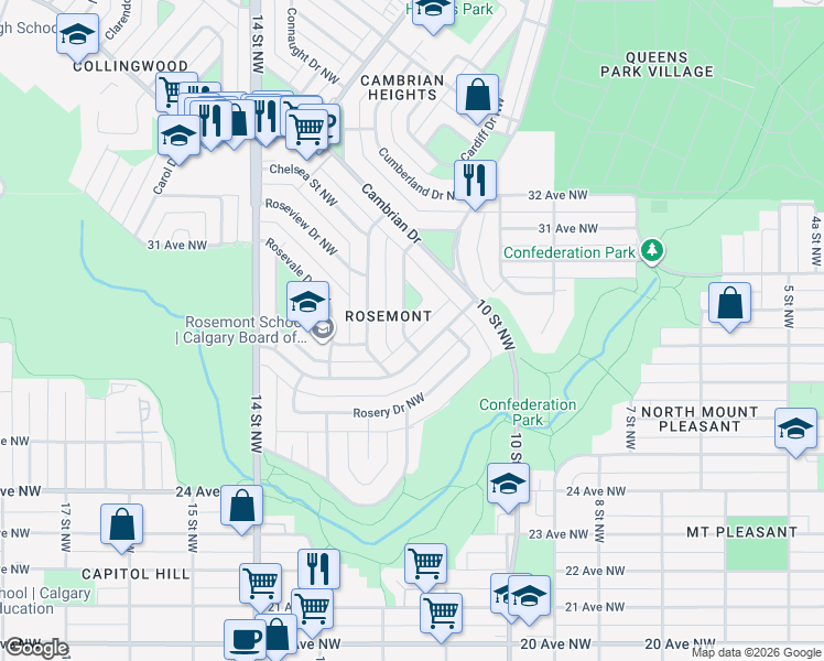 map of restaurants, bars, coffee shops, grocery stores, and more near 4 Rosetree Road Northwest in Calgary