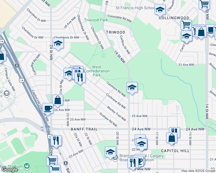 map of restaurants, bars, coffee shops, grocery stores, and more near 2004 26 Avenue Northwest in Calgary
