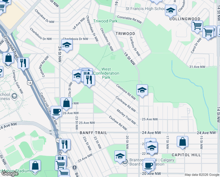 map of restaurants, bars, coffee shops, grocery stores, and more near 2727 Cochrane Road Northwest in Calgary
