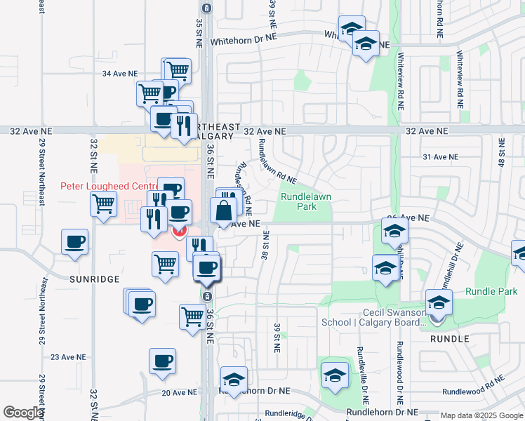 map of restaurants, bars, coffee shops, grocery stores, and more near 2720 Rundleson Road Northeast in Calgary