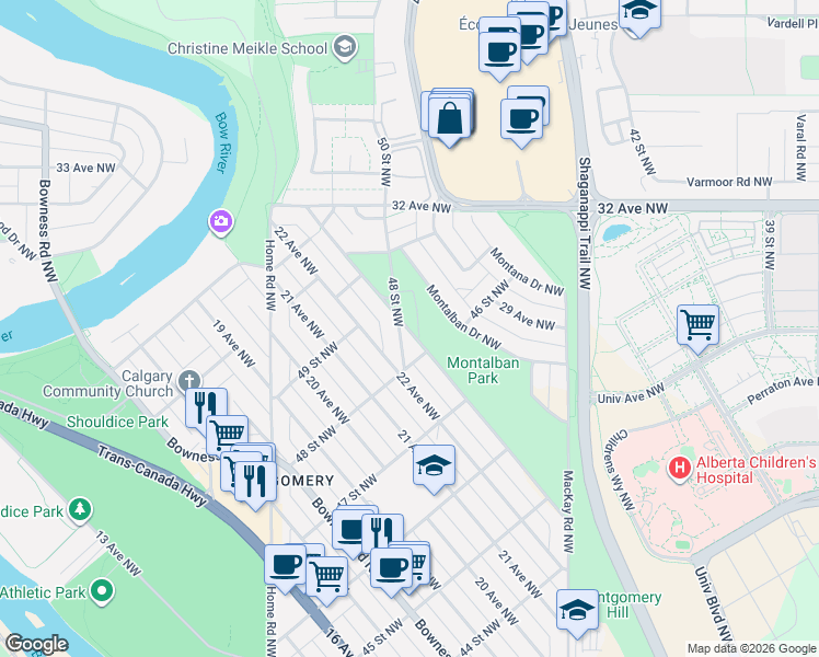 map of restaurants, bars, coffee shops, grocery stores, and more near 4908 23 Avenue Northwest in Calgary