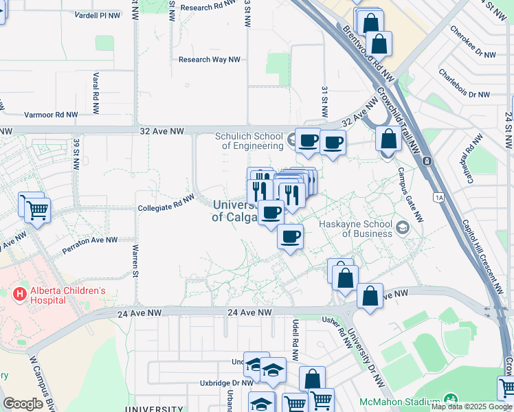 map of restaurants, bars, coffee shops, grocery stores, and more near 376 Collegiate Boulevard Northwest in Calgary