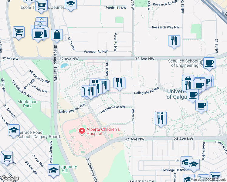 map of restaurants, bars, coffee shops, grocery stores, and more near 1201 Lismer Green NW in Calgary