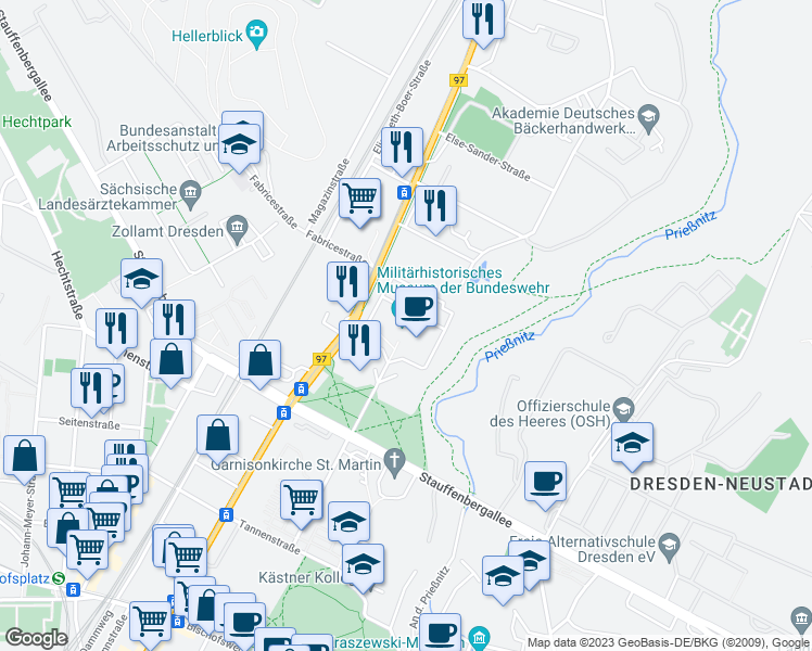 map of restaurants, bars, coffee shops, grocery stores, and more near 2 Olbrichtplatz in Dresden