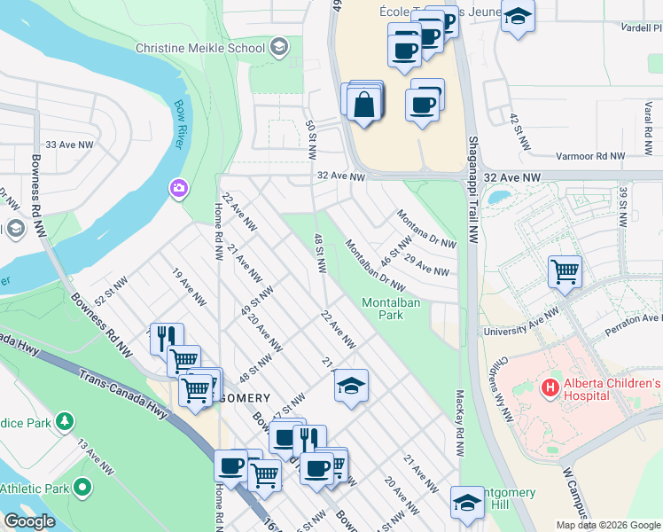 map of restaurants, bars, coffee shops, grocery stores, and more near 4908 23 Avenue Northwest in Calgary