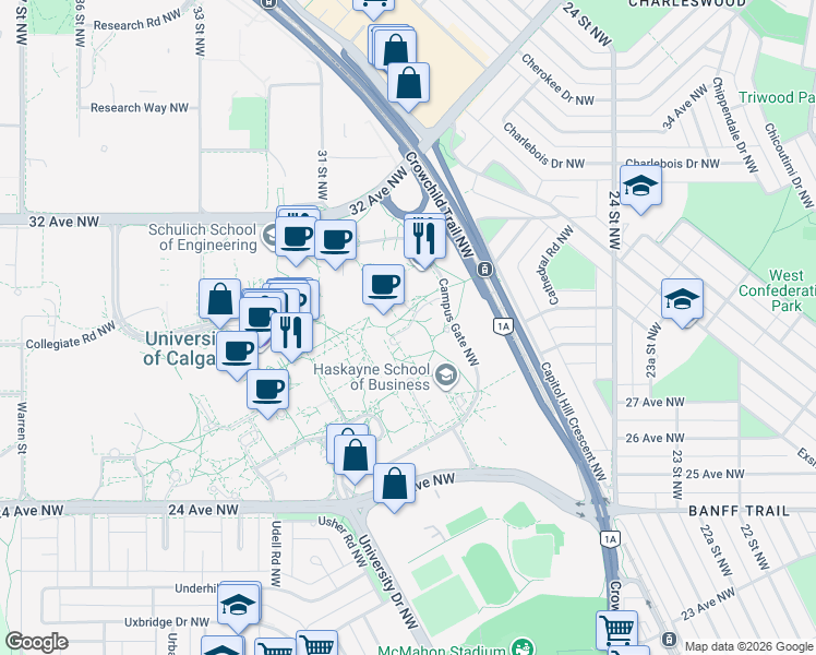 map of restaurants, bars, coffee shops, grocery stores, and more near 215 Campus Place Northwest in Calgary