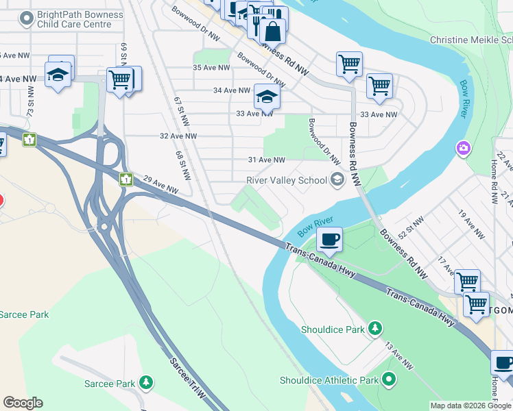 map of restaurants, bars, coffee shops, grocery stores, and more near 6347 Bowview Road Northwest in Calgary