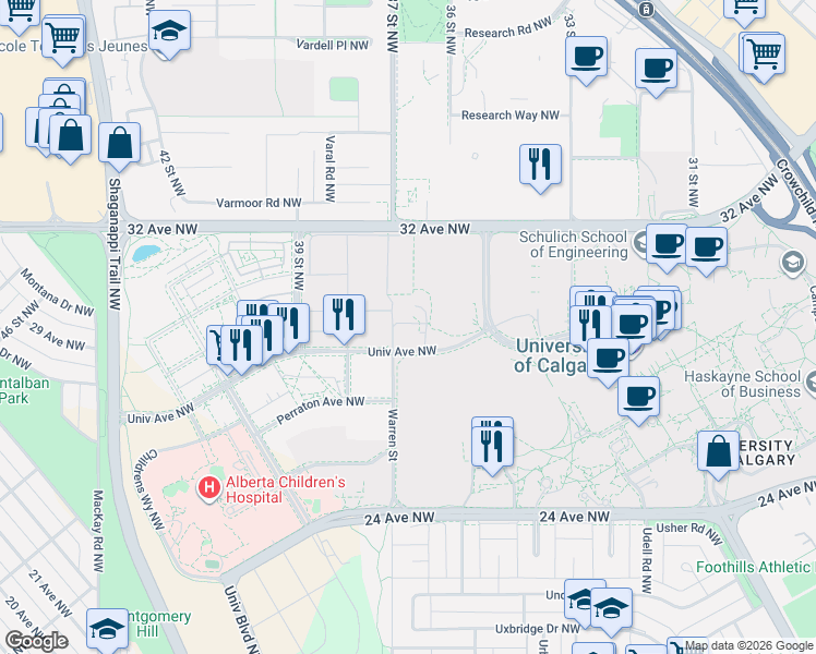 map of restaurants, bars, coffee shops, grocery stores, and more near 821 Collegiate Court Northwest in Calgary