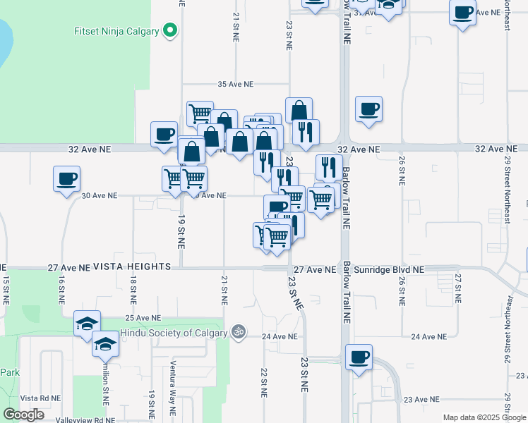 map of restaurants, bars, coffee shops, grocery stores, and more near 2335 30 Avenue Northeast in Calgary
