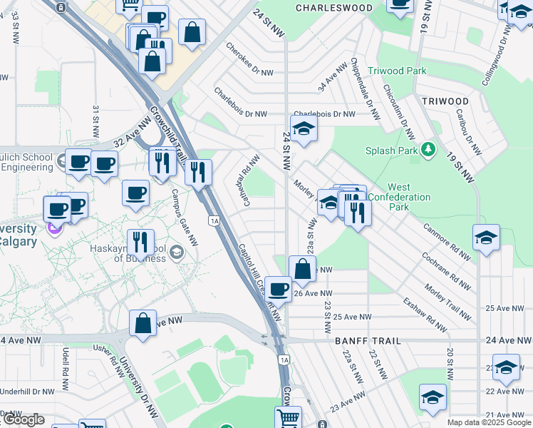 map of restaurants, bars, coffee shops, grocery stores, and more near 3411 Exshaw Road Northwest in Calgary