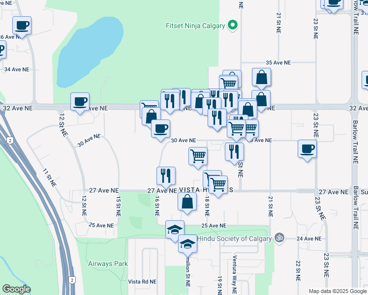 map of restaurants, bars, coffee shops, grocery stores, and more near 1749 30 Avenue Northeast in Calgary