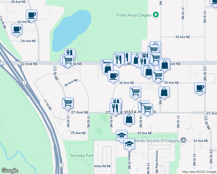 map of restaurants, bars, coffee shops, grocery stores, and more near 3019 16 Street Northeast in Calgary