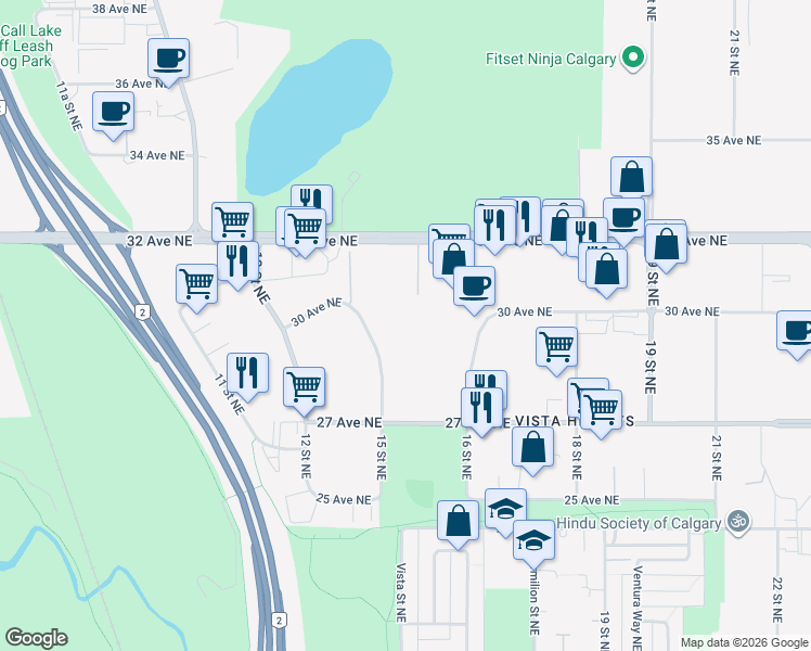 map of restaurants, bars, coffee shops, grocery stores, and more near 3000 15 Street Northeast in Calgary