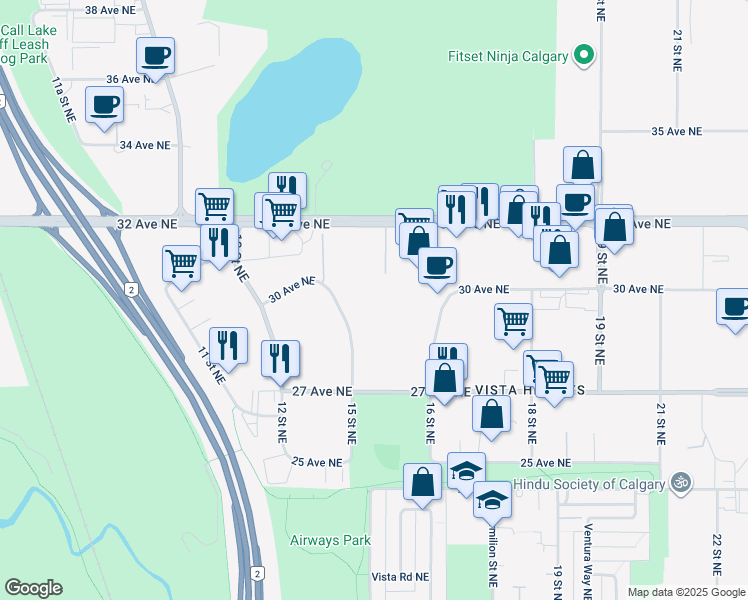 map of restaurants, bars, coffee shops, grocery stores, and more near 3000 15 Street Northeast in Calgary