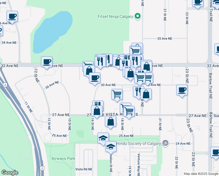 map of restaurants, bars, coffee shops, grocery stores, and more near 1749 30 Avenue Northeast in Calgary