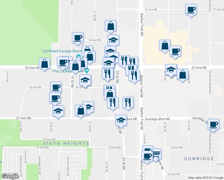 map of restaurants, bars, coffee shops, grocery stores, and more near 2335 30 Avenue Northeast in Calgary