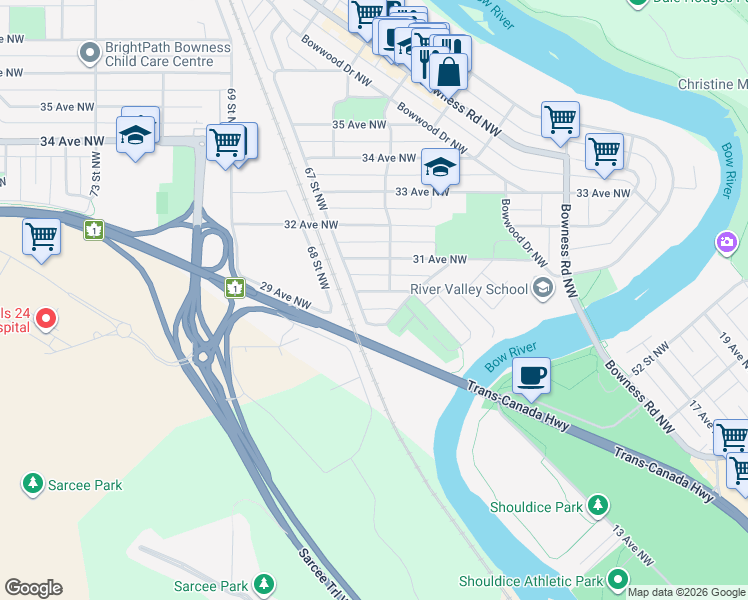 map of restaurants, bars, coffee shops, grocery stores, and more near 6421 30 Avenue Northwest in Calgary