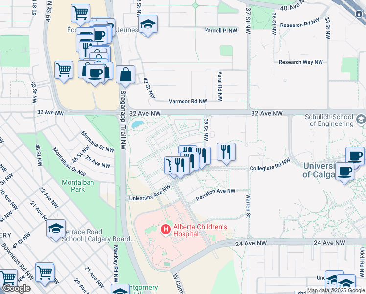map of restaurants, bars, coffee shops, grocery stores, and more near 4094 Kovitz Lane Northwest in Calgary