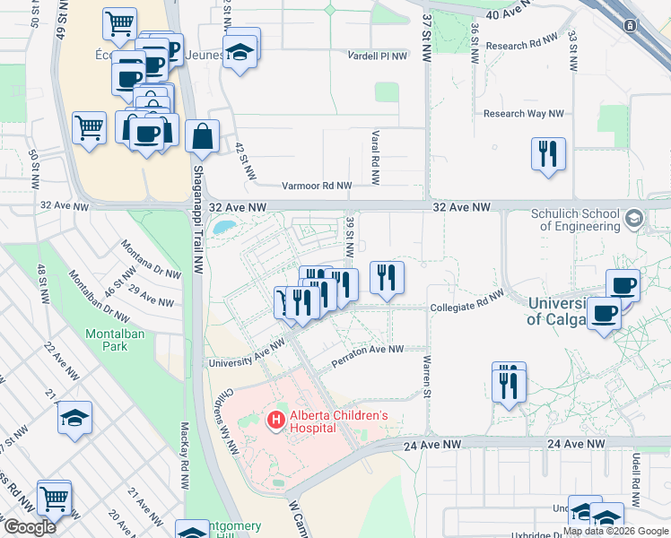 map of restaurants, bars, coffee shops, grocery stores, and more near 3125 39 Street Northwest in Calgary