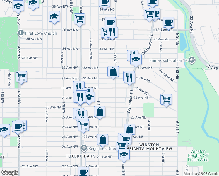 map of restaurants, bars, coffee shops, grocery stores, and more near 228 30 Avenue Northeast in Calgary
