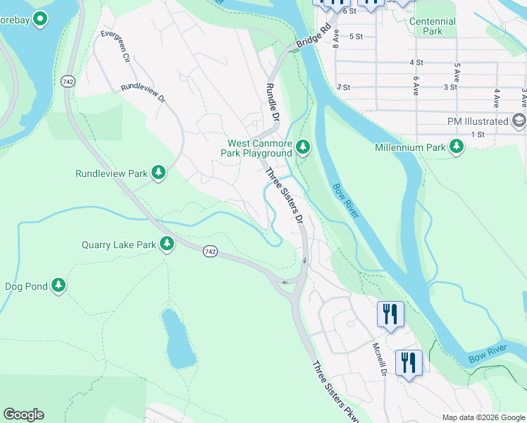 map of restaurants, bars, coffee shops, grocery stores, and more near 106 Rummel Place in Canmore