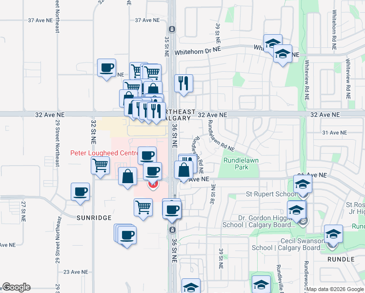map of restaurants, bars, coffee shops, grocery stores, and more near 3029 Rundleson Road Northeast in Calgary