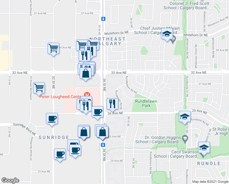 map of restaurants, bars, coffee shops, grocery stores, and more near 2 Rundleson Road Northeast in Calgary