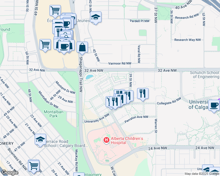 map of restaurants, bars, coffee shops, grocery stores, and more near in Calgary