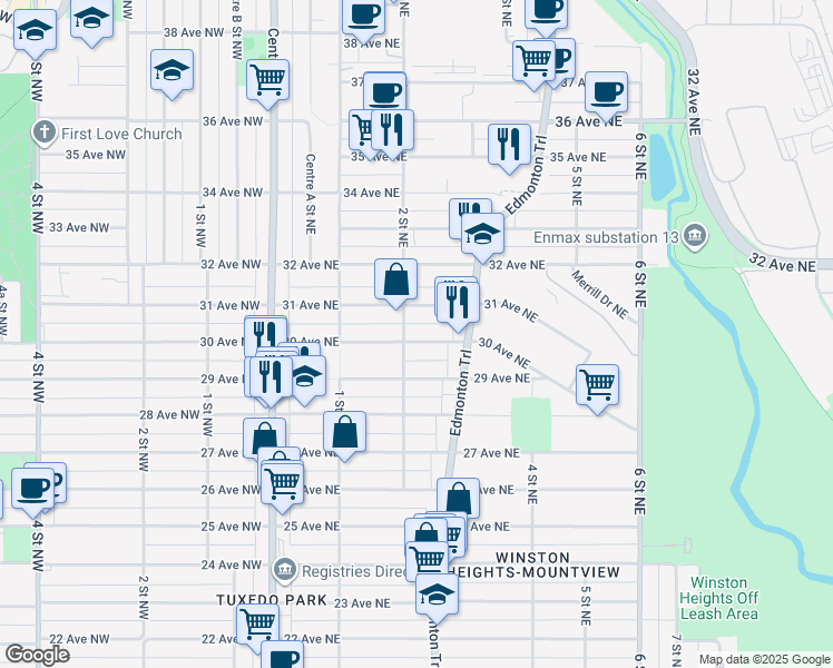 map of restaurants, bars, coffee shops, grocery stores, and more near 310 30 Avenue Northeast in Calgary