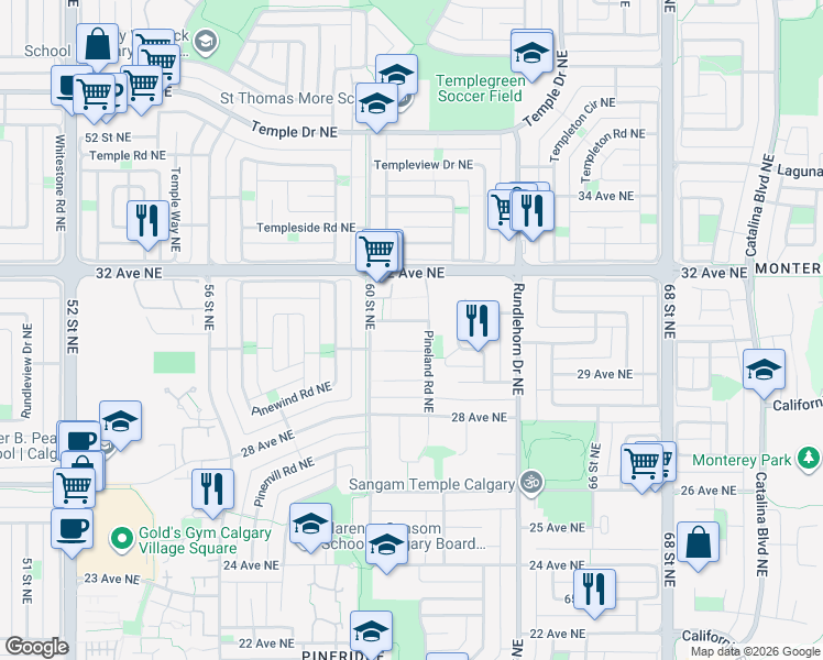 map of restaurants, bars, coffee shops, grocery stores, and more near 636 Pineland Road Northeast in Calgary
