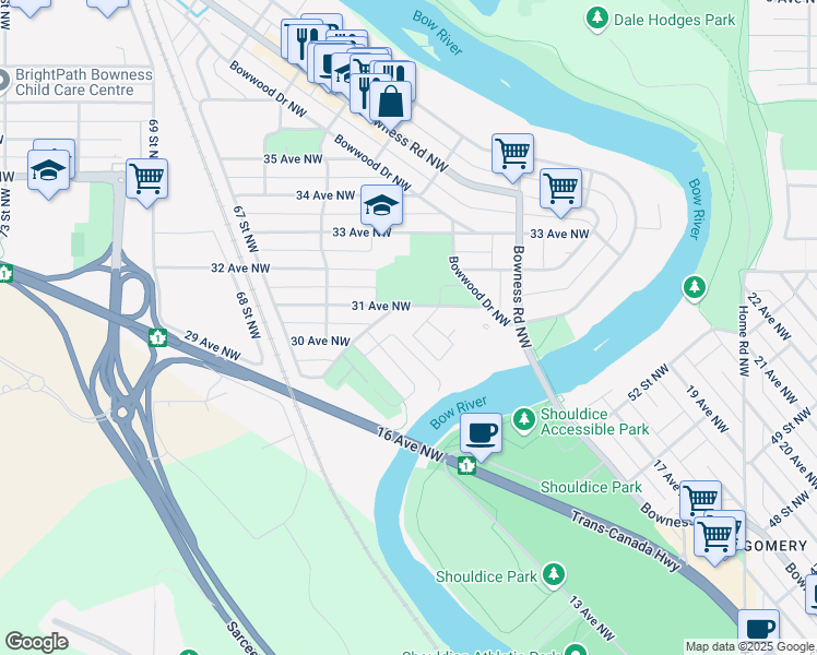 map of restaurants, bars, coffee shops, grocery stores, and more near 6223 31 Avenue Northwest in Calgary