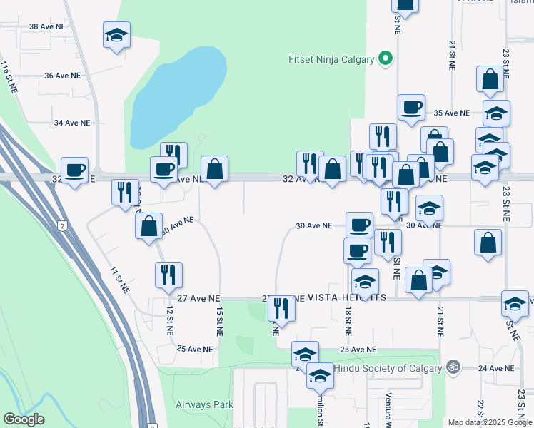 map of restaurants, bars, coffee shops, grocery stores, and more near 3019 16 Street Northeast in Calgary